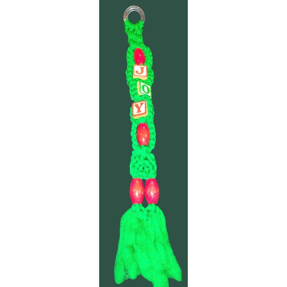 Handcrafted Macrame JOY Decor With Red Beads & Tassels - 23"×3"